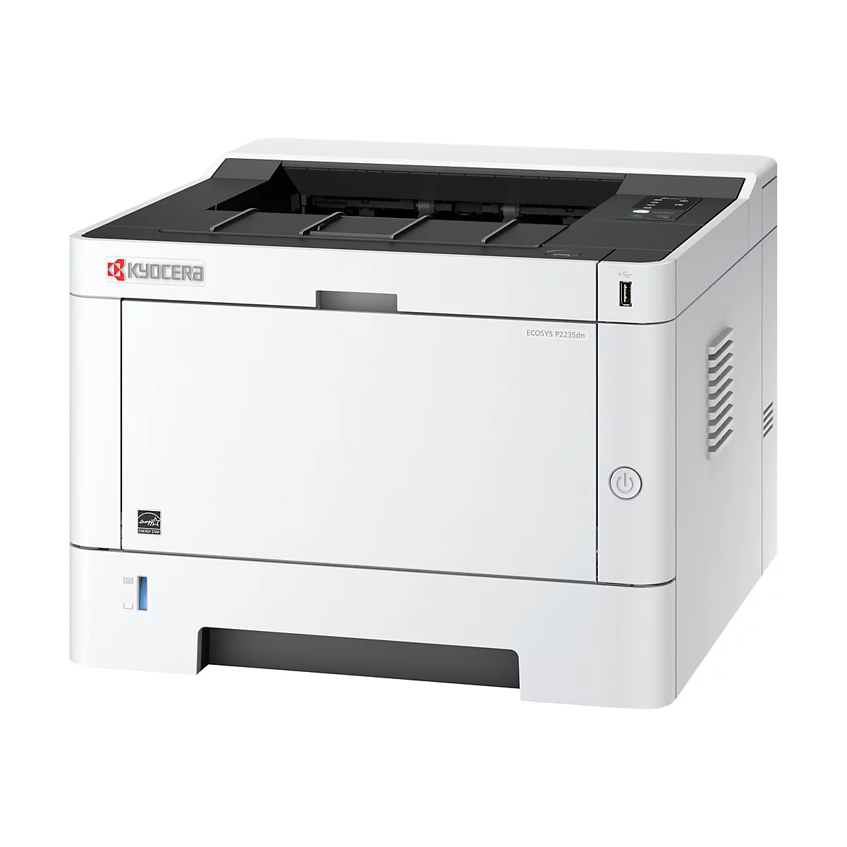 Weißer Kyocera ECOSYS P2235dn Laserdrucker vor weißem Hintergrund. Mit USB Anschluss und Energy Star Logo.