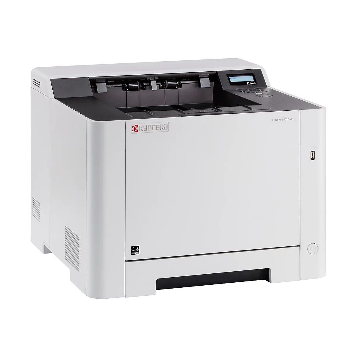 Ein weißer Kyocera Drucker auf weißem Hintergrund. Auf der Vorderseite befinden sich das Logo von Kyocera und ein Bedienfeld. Der Drucker hat ein „Energy Star“-Logo.