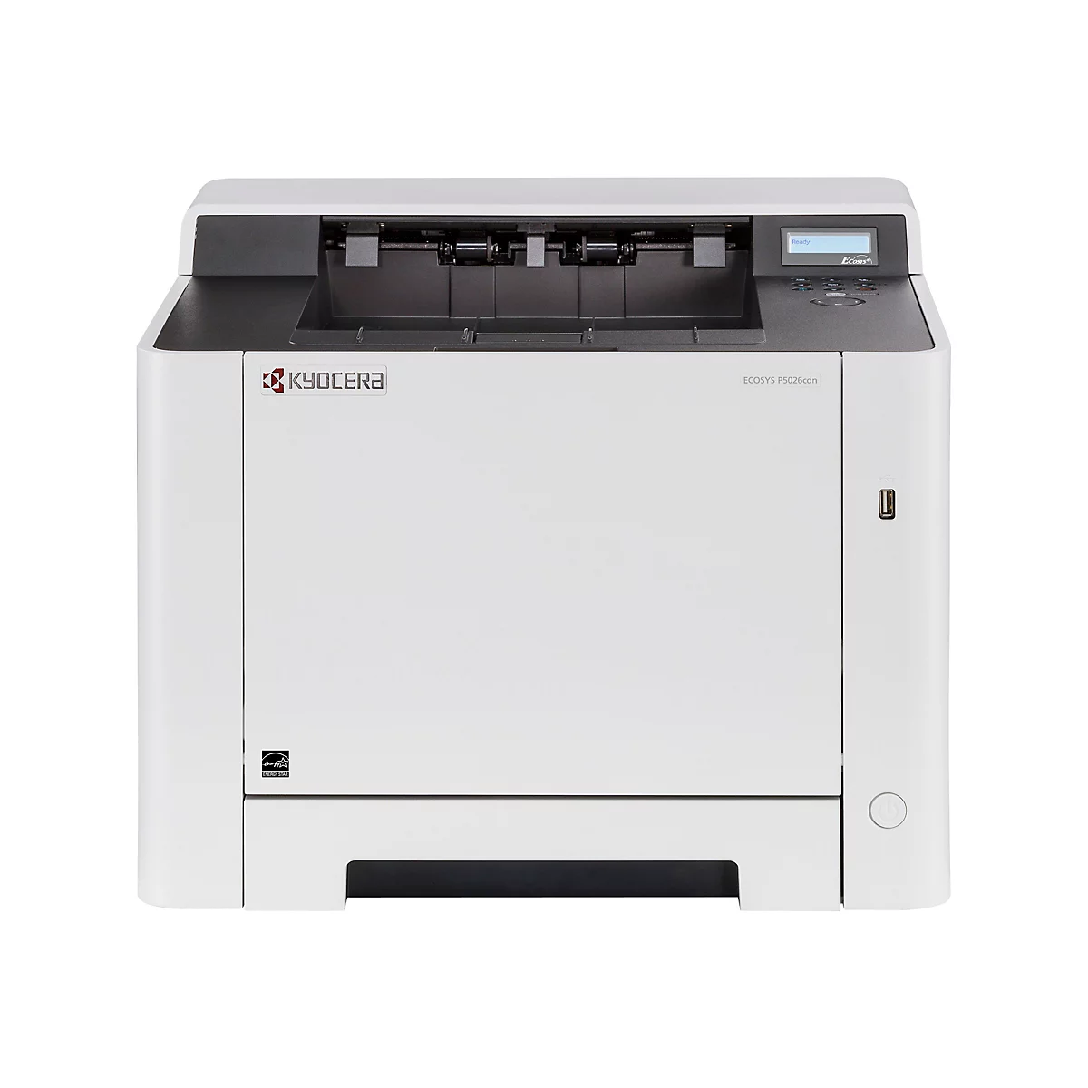 Ein weißer Kyocera ECOSYS P5026cdn Laserdrucker vor weißem Hintergrund. Oben ein grauer Bereich mit 'Ready' Anzeige. Seitlich USB-Anschluss und Energie Stern.