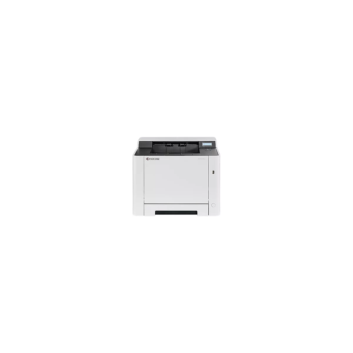 Weiß-schwarzer Drucker, Kyocera-Logo, Display, USB-Anschluss, Papierausgabefach.