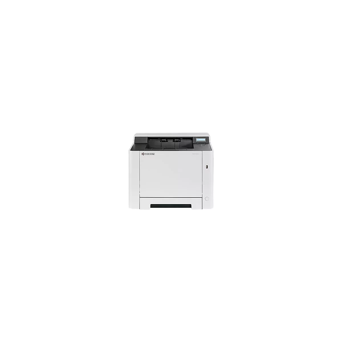 Weißer Drucker mit Kyocera-Logo. Oberhalb des Papiereinzugs befindet sich ein Bedienfeld mit Display.