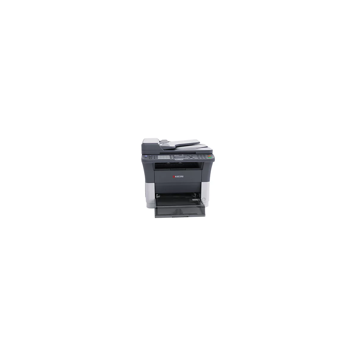 Grau-weiÃŸer Drucker mit offenem Papierfach. Kyocera-Logo. Bedienfeld mit KnÃ¶pfen und Display.