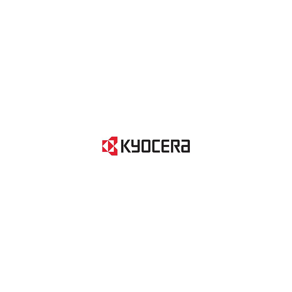 Kyocera-Logo. Rotes abstraktes Muster links, schwarzer Schriftzug rechts.
