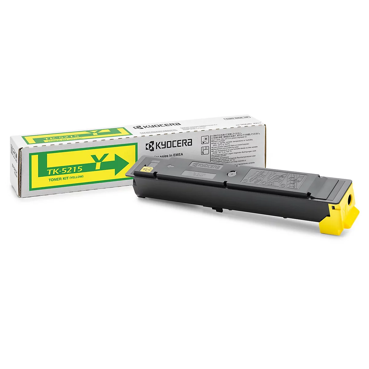 Ein Kyocera TK-5215 Toner Kit in Gelb, mit der Produktverpackung und der Tonerkartusche, die nebeneinander auf weißem Hintergrund platziert sind.