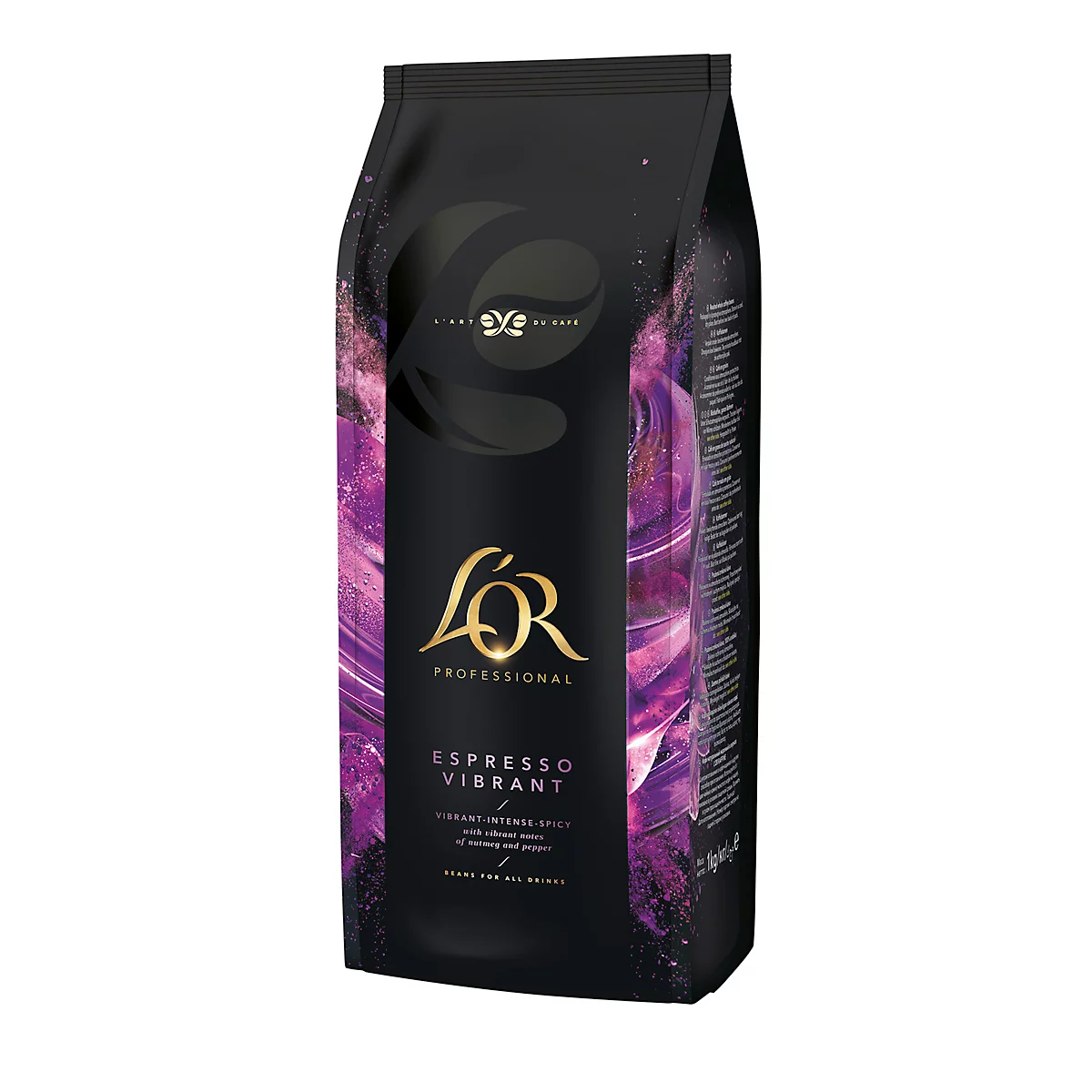 Paquet de café noir avec logo et texte dorés. Dégradés violets en arrière-plan. Inscription : Espresso Vibrant.