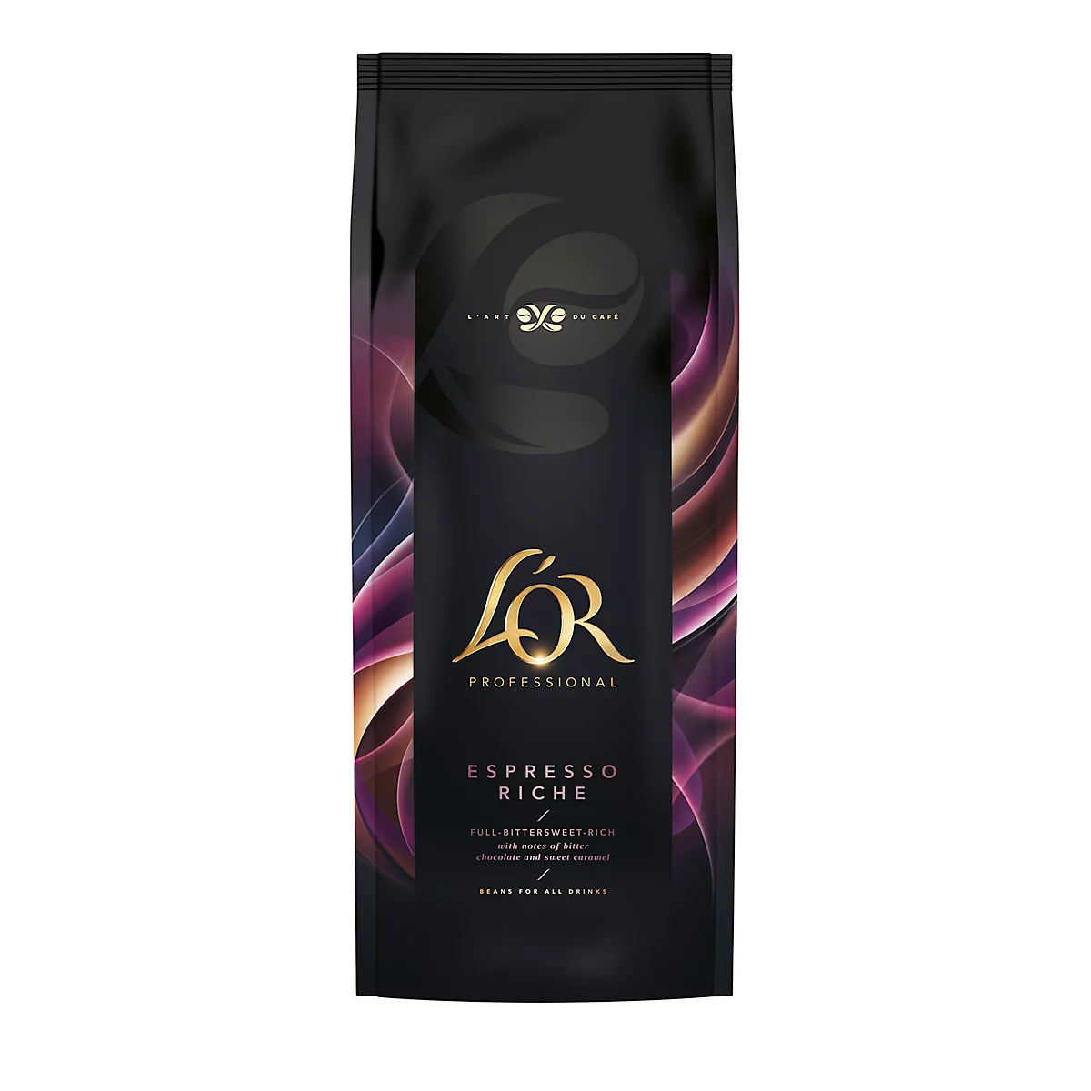 Zwarte koffieverpakking met een gouden logo en de tekst "Espresso Riche". Paarse en bruine accenten omlijsten het logo.