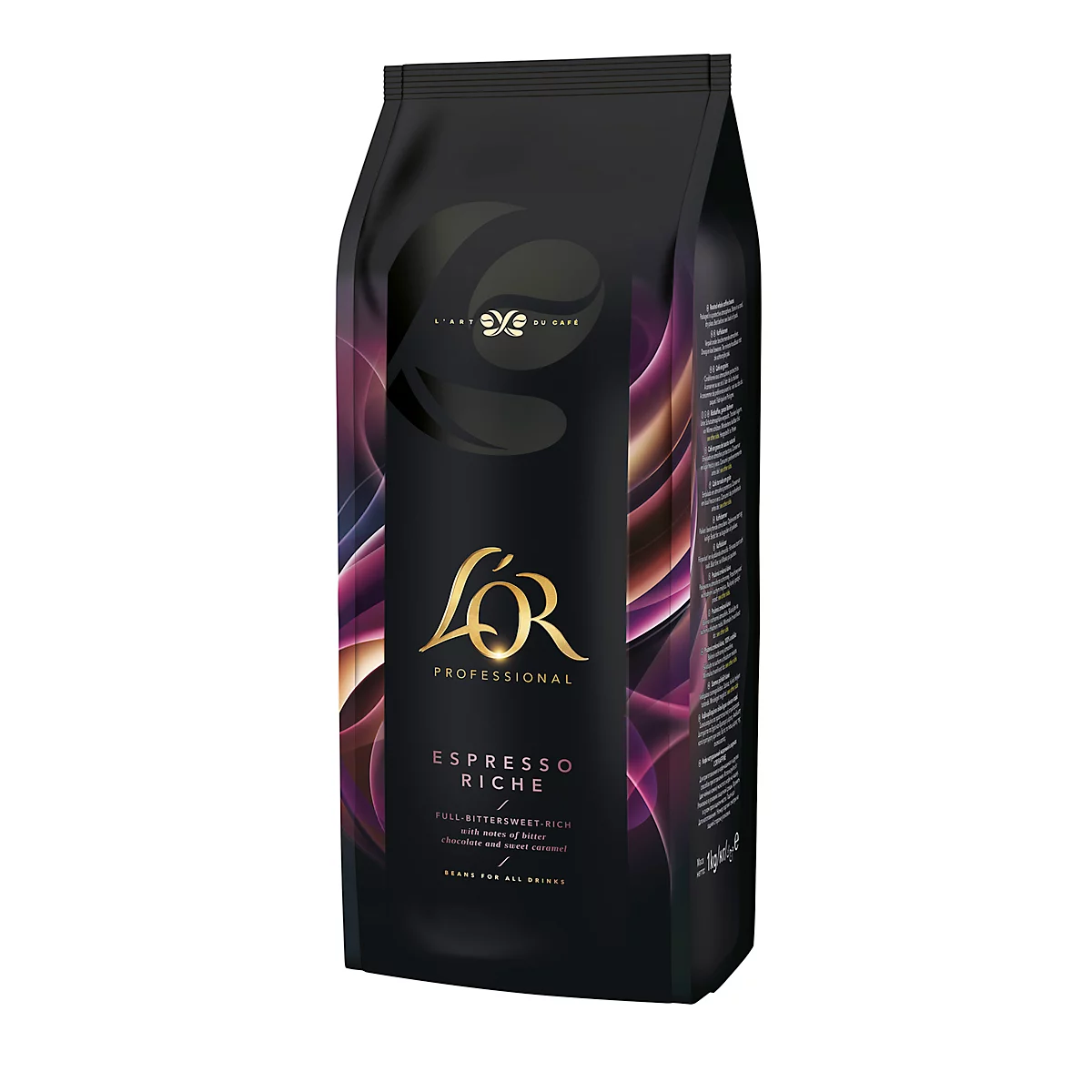 Zwarte koffiezak, LOR Espresso Riche, gouden letters. Donkere gradiënten.