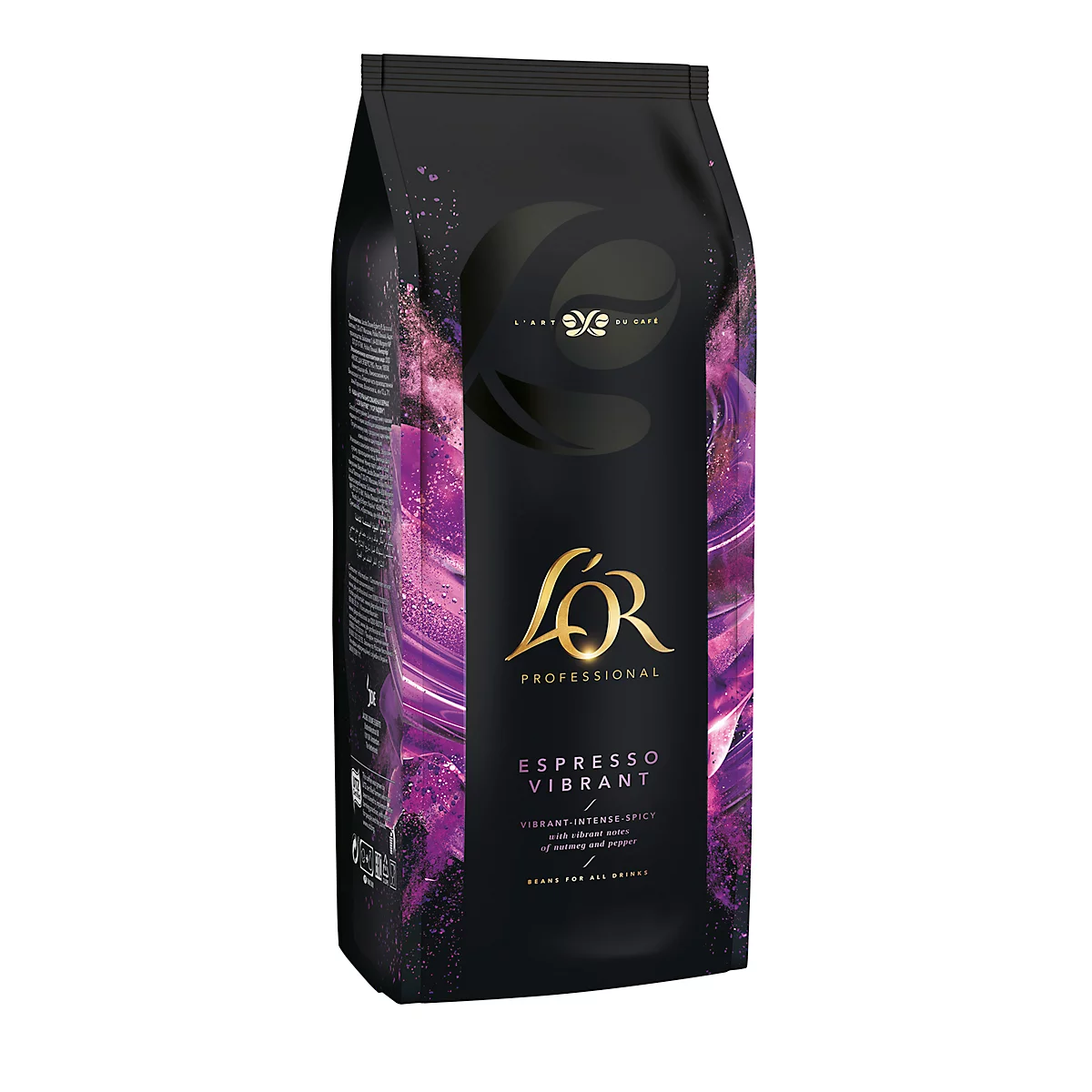 Zwarte koffieverpakking met paarse gradiënt en gouden "L'OR Espresso Vibrant" logo.