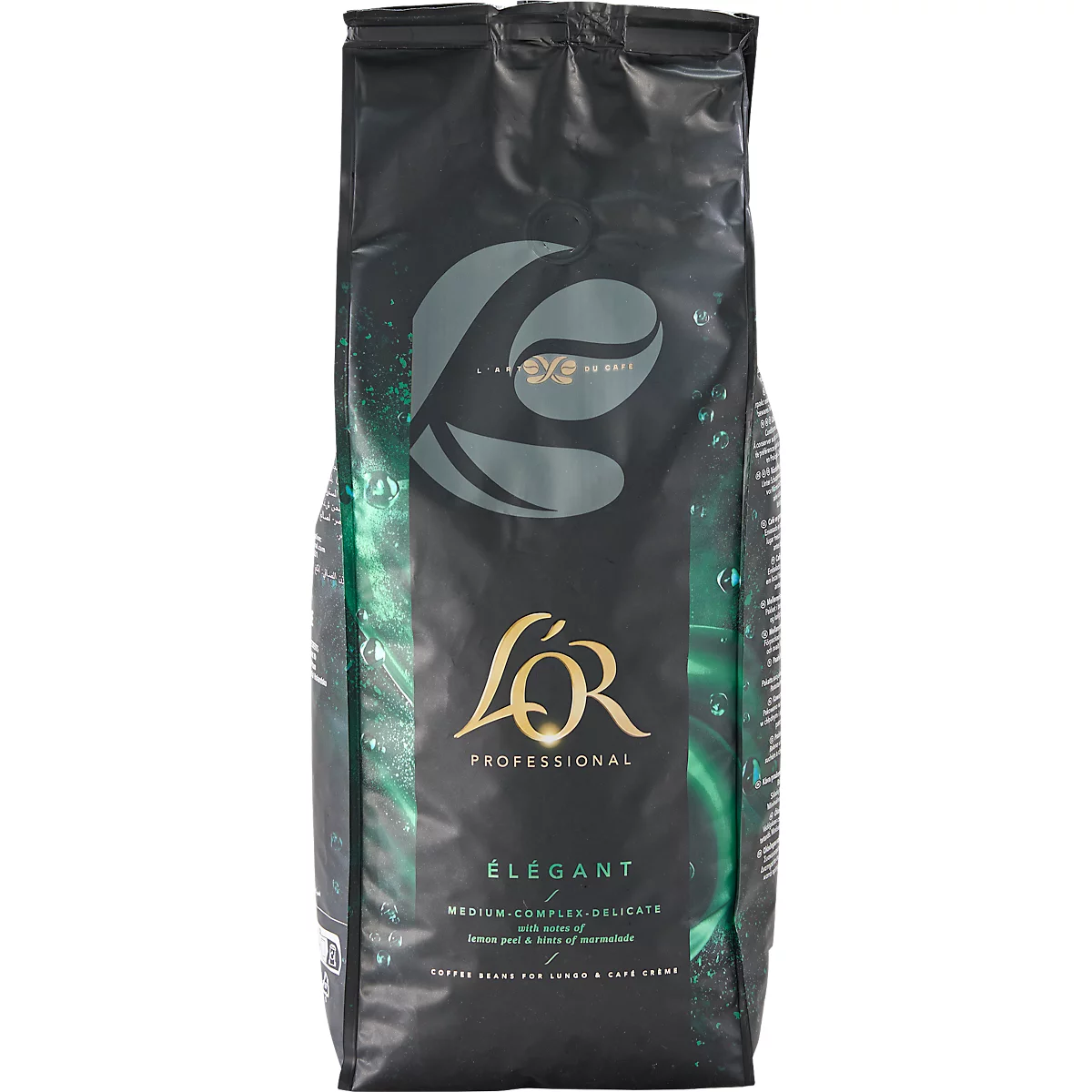 Schwarze Kaffeetüte mit goldenem Schriftzug „L'OR“. Aufschrift „Élégant“, „PROFESSIONAL“ und „MEDIUM-COMPLEX DELICATE“.