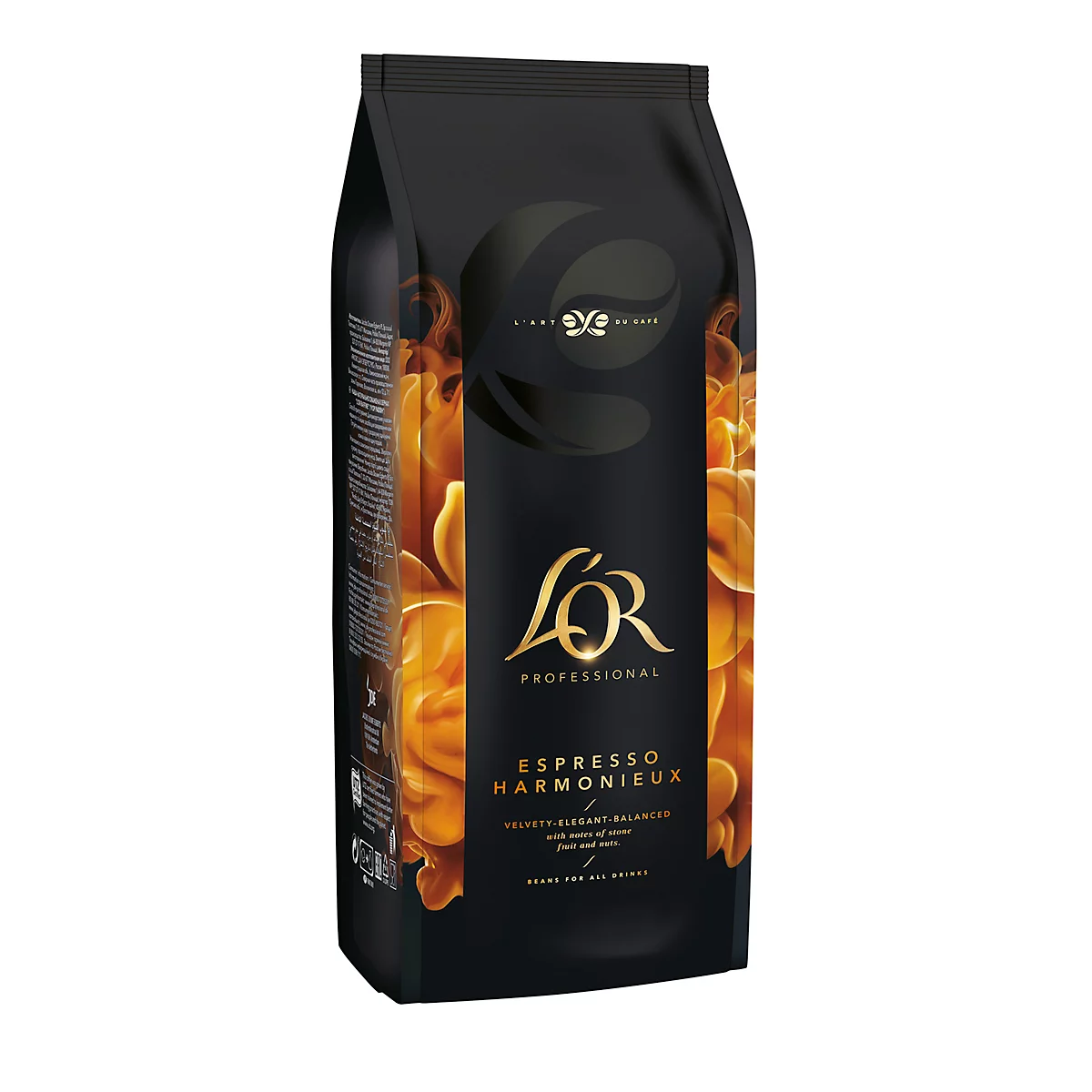 Schwarzer Kaffeepackung LOR, Espresso Harmonieux. Goldene Schrift, goldene Kaffeebohnen im Hintergrund.