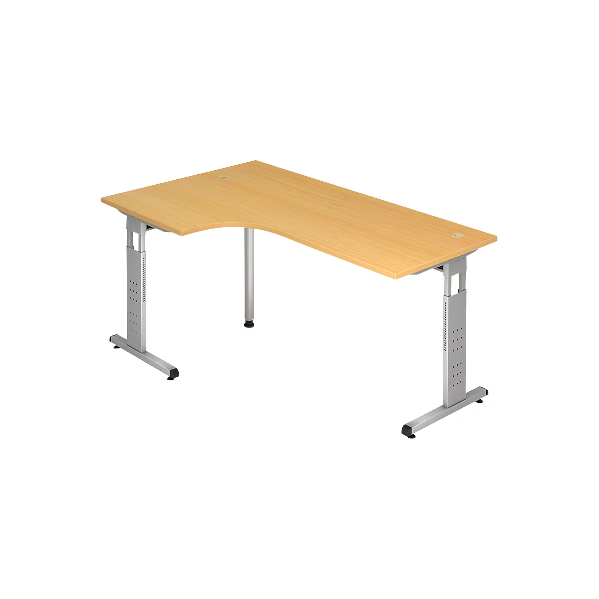 An L-shaped desk with wooden top and silver adjustable legs. On a light background.