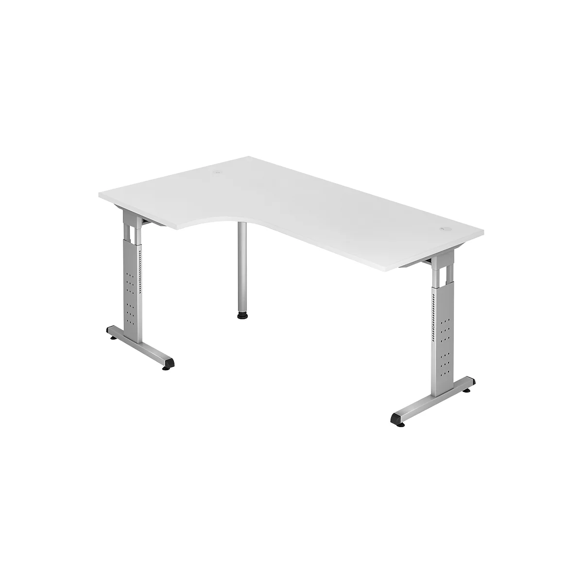 A white corner desk with height-adjustable legs. The tabletop has rounded corners and stands on silver metal legs.