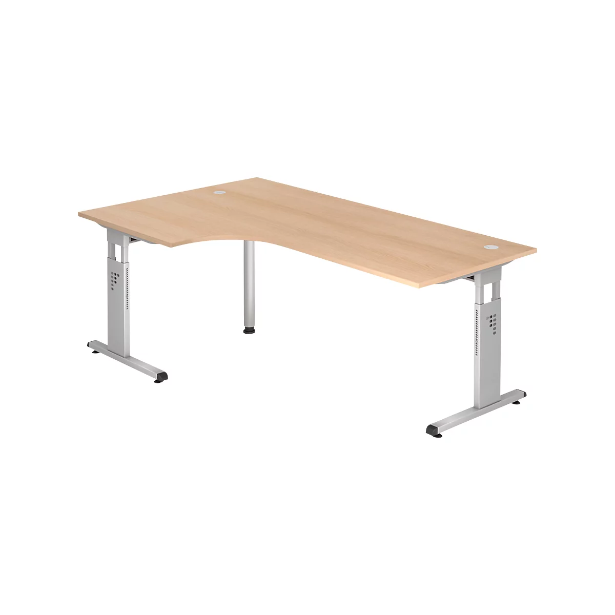 L-shaped desk made of light-colored wood with a silver frame, height-adjustable.