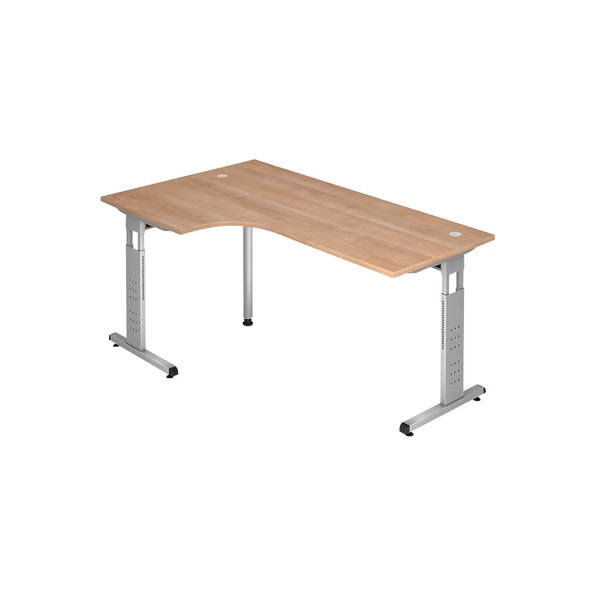 A light-colored corner desk with height-adjustable legs against a white background.