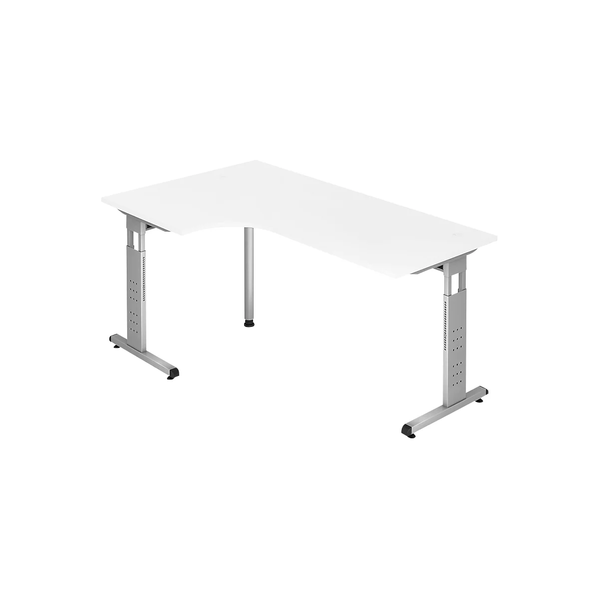 A white L-shaped desk with silver, height-adjustable legs. The desk is set against a white background.
