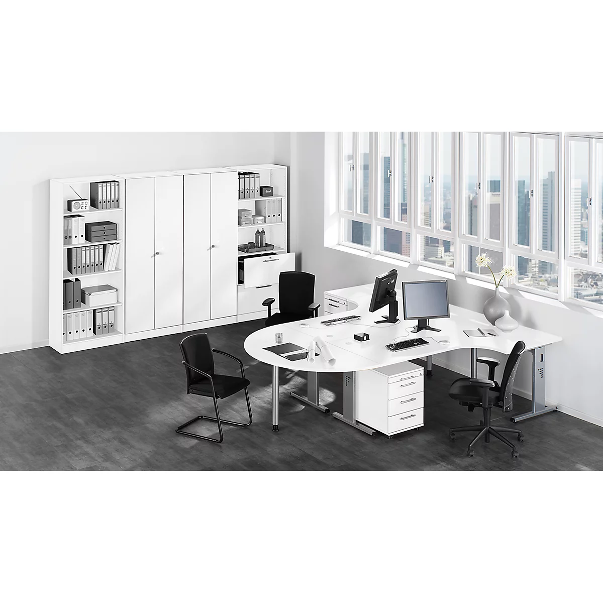 Modern office: white desk, black chairs, filing cabinets, windows with city view.