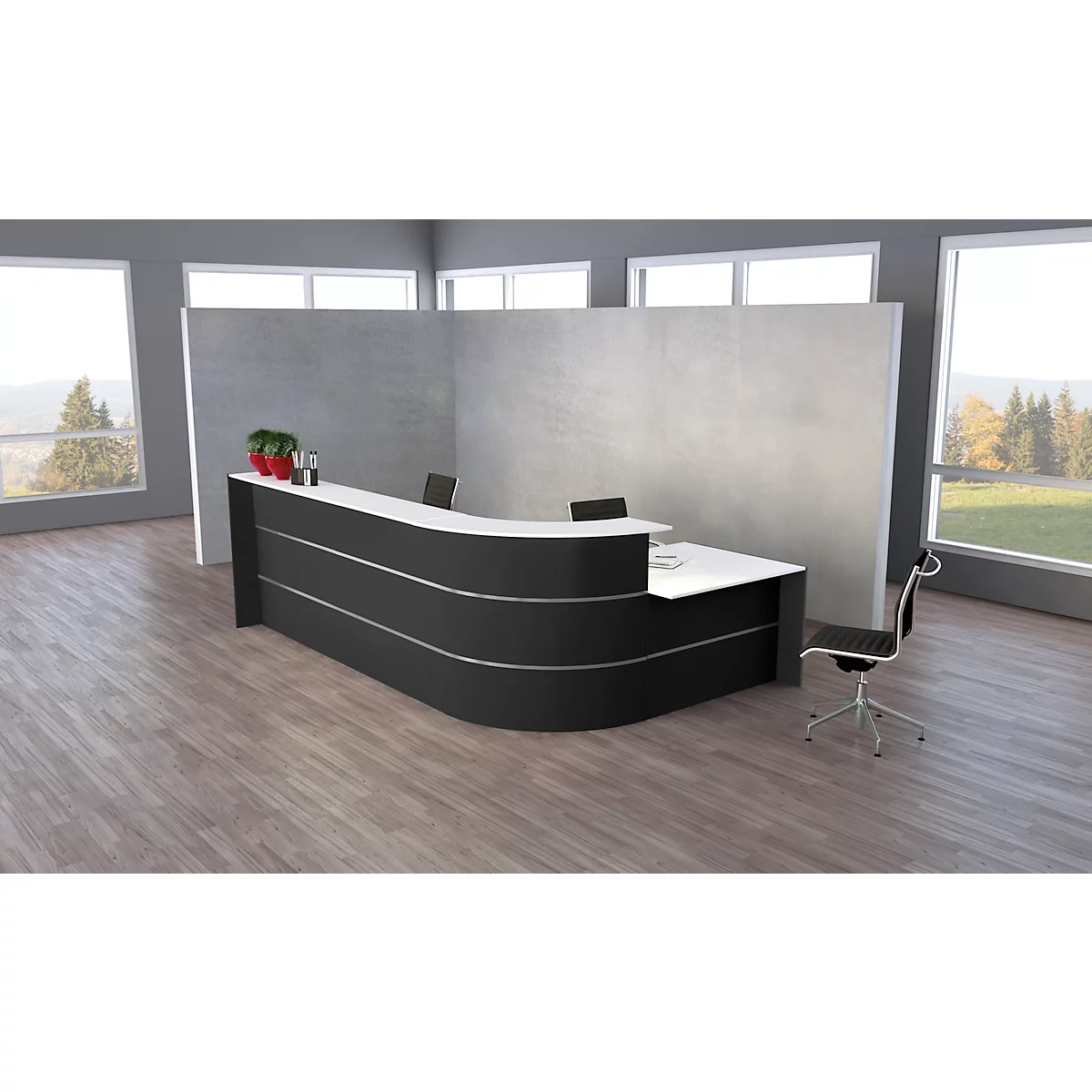 L-Theke Faro, 4-Elemente, 90° Winkel, mit Beratungsplatz, melaminharzbeschichtet, ABS-Kanten, B 3670 x T 1970 x 1120 mm, anthrazit/anthrazit