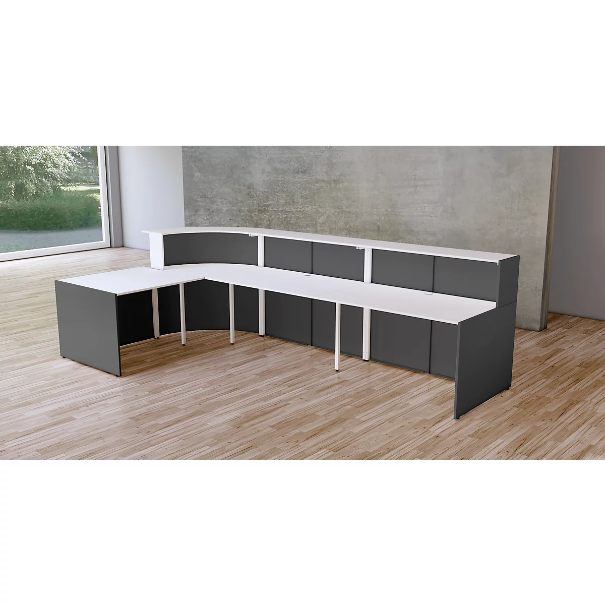 L-Theke Faro, 4-Elemente, 90° Winkel, mit Beratungsplatz, melaminharzbeschichtet, ABS-Kanten, B 3670 x T 1970 x 1120 mm, anthrazit/anthrazit