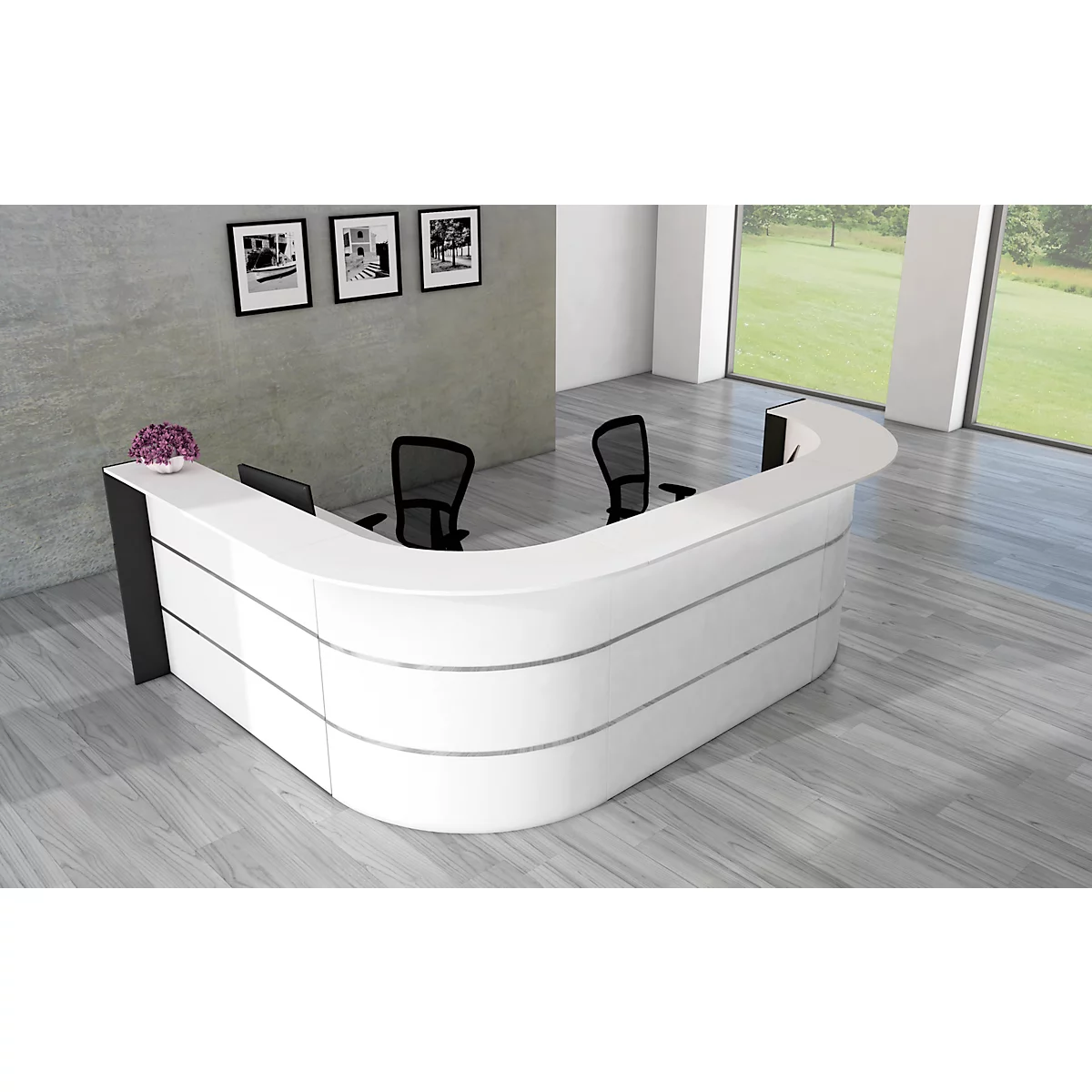 L-toonbank Faro, 4 eenheden, hoek 90°, melamine coating, ABS randen, B 3250 x D 2320 H 1120 mm, wit/antraciet 