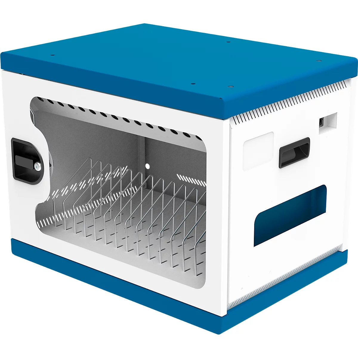 Laadkast voor notebooks Good Connections GEMMA N16, converteerbaar naar laadwagen, voor 16 apparaten, geaarde stopcontacten, afsluitbaar, vermogen 2300 W, wit-blauw