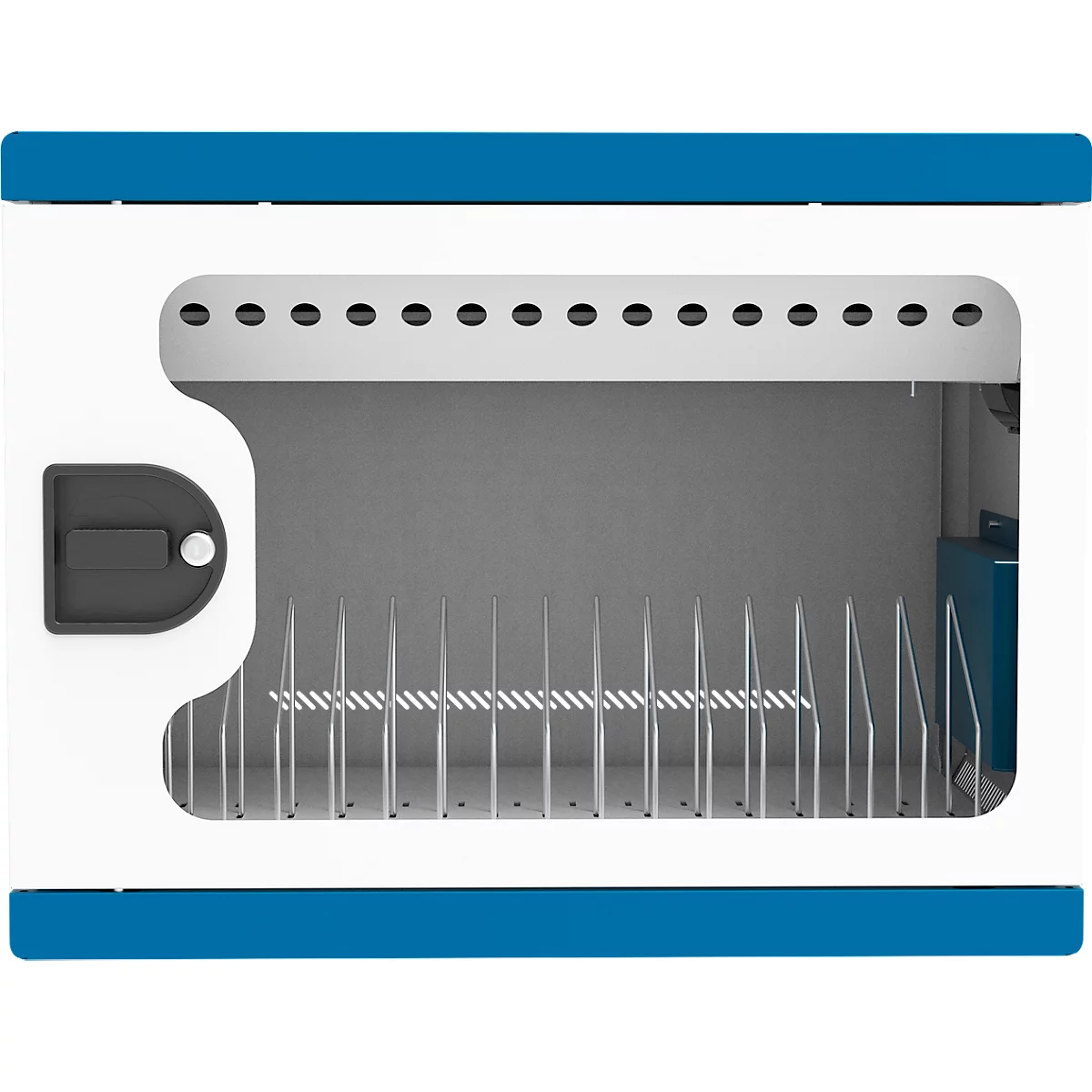Laadkast voor notebooks Good Connections GEMMA N16, converteerbaar naar laadwagen, voor 16 apparaten, geaarde stopcontacten, afsluitbaar, vermogen 2300 W, wit-blauw