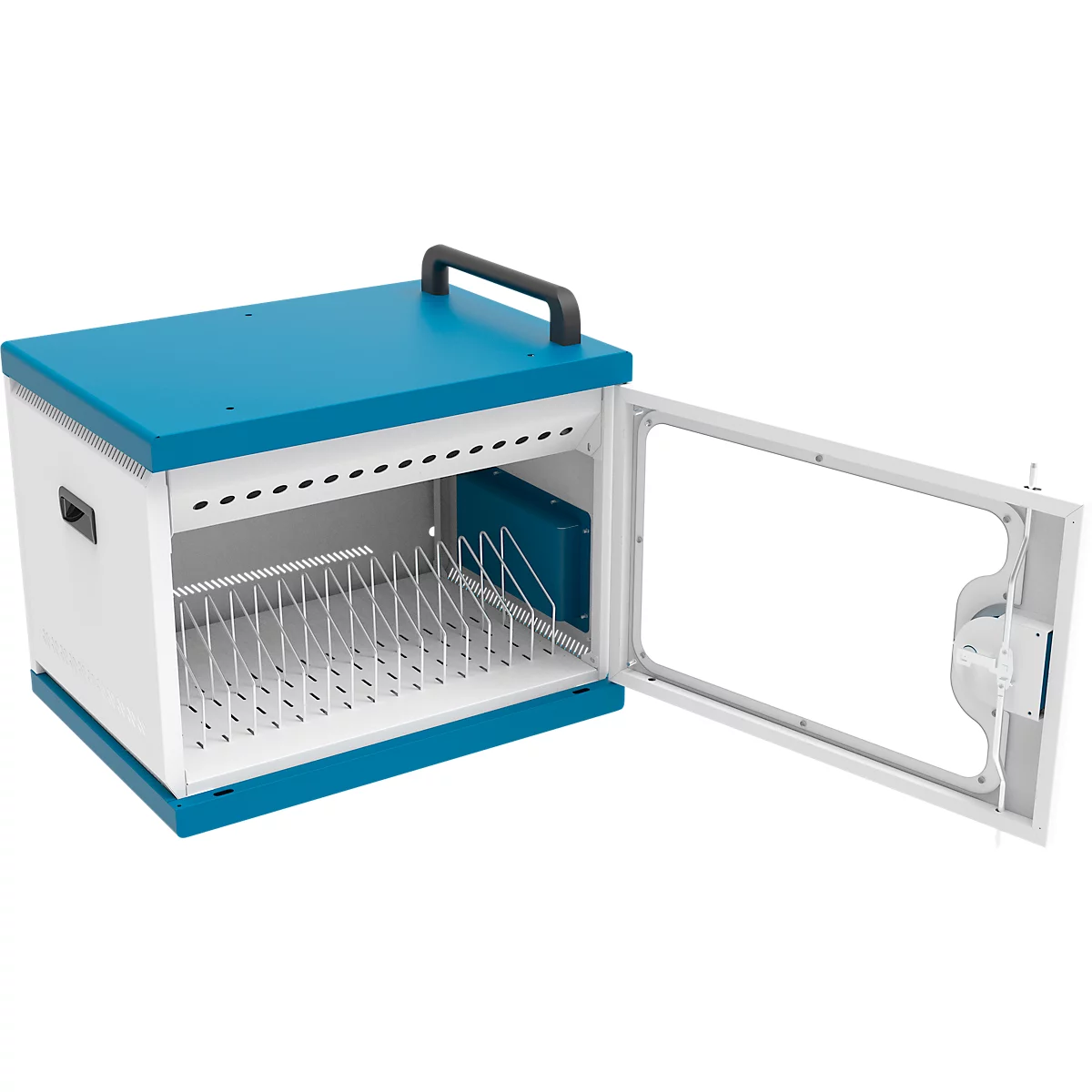 Laadkast voor notebooks Good Connections GEMMA N16, converteerbaar naar laadwagen, voor 16 apparaten, geaarde stopcontacten, afsluitbaar, vermogen 2300 W, wit-blauw