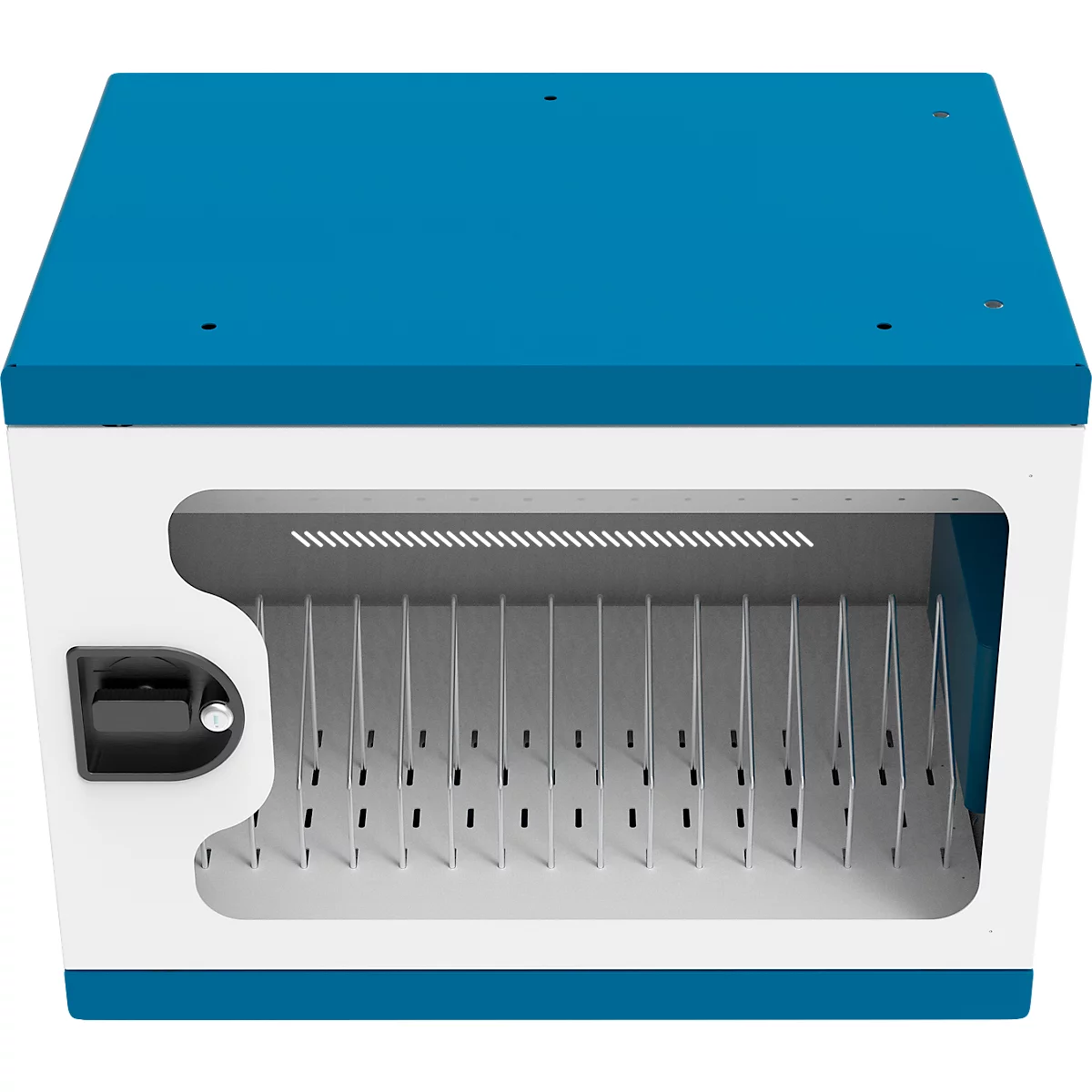 Laadkast voor notebooks Good Connections GEMMA N16, converteerbaar naar laadwagen, voor 16 apparaten, geaarde stopcontacten, afsluitbaar, vermogen 2300 W, wit-blauw