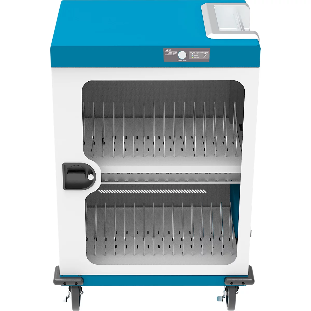 Laadwagen voor notebooks Good Connections GEMMA T32C, voor 32 apparaten, USB-C met 18 W per poort, afsluitbaar, wit-blauw