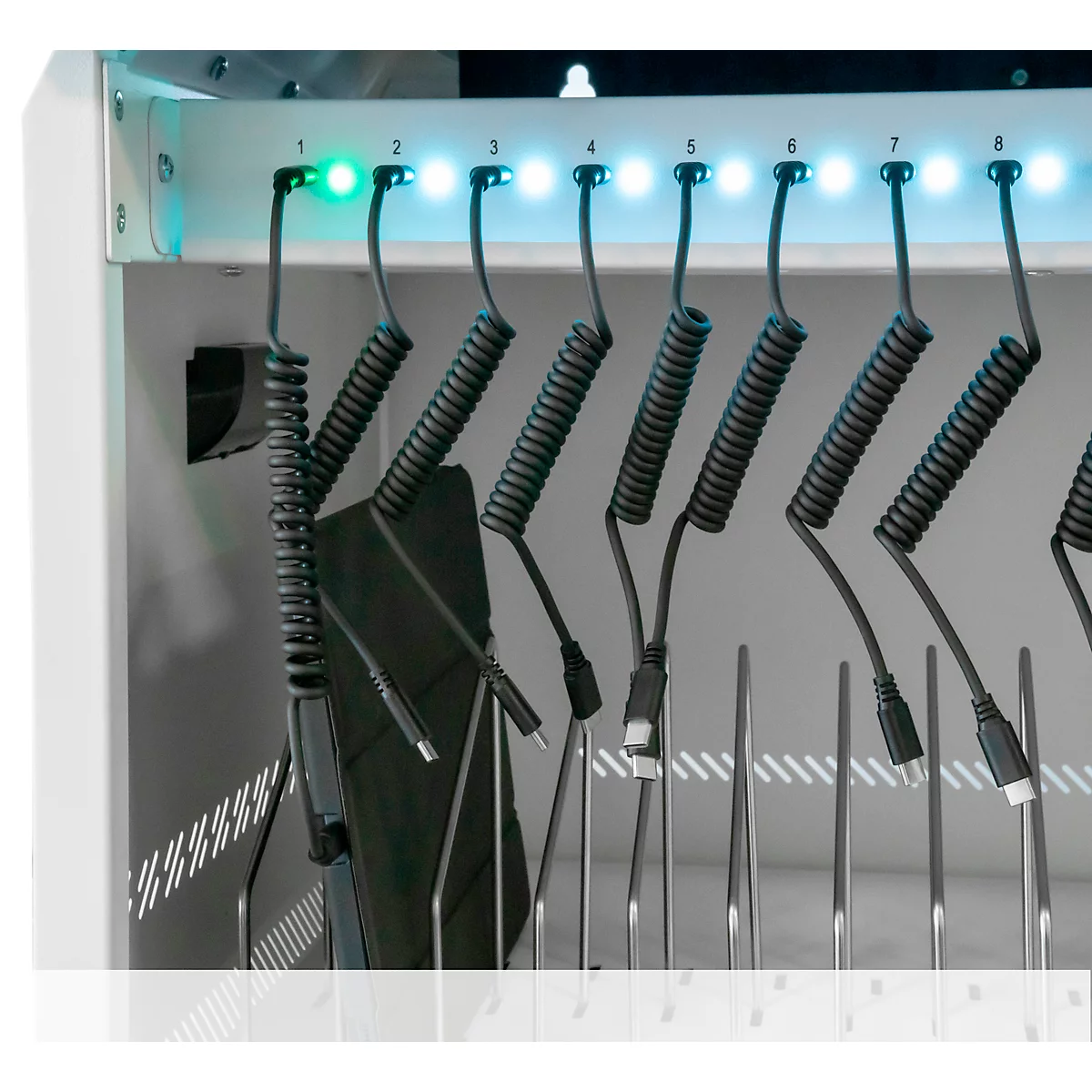 Laadwagen voor notebooks Good Connections GEMMA T32C, voor 32 apparaten, USB-C met 18 W per poort, afsluitbaar, wit-blauw
