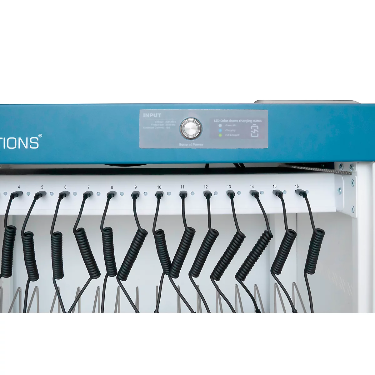 Laadwagen voor notebooks Good Connections GEMMA T32C, voor 32 apparaten, USB-C met 18 W per poort, afsluitbaar, wit-blauw