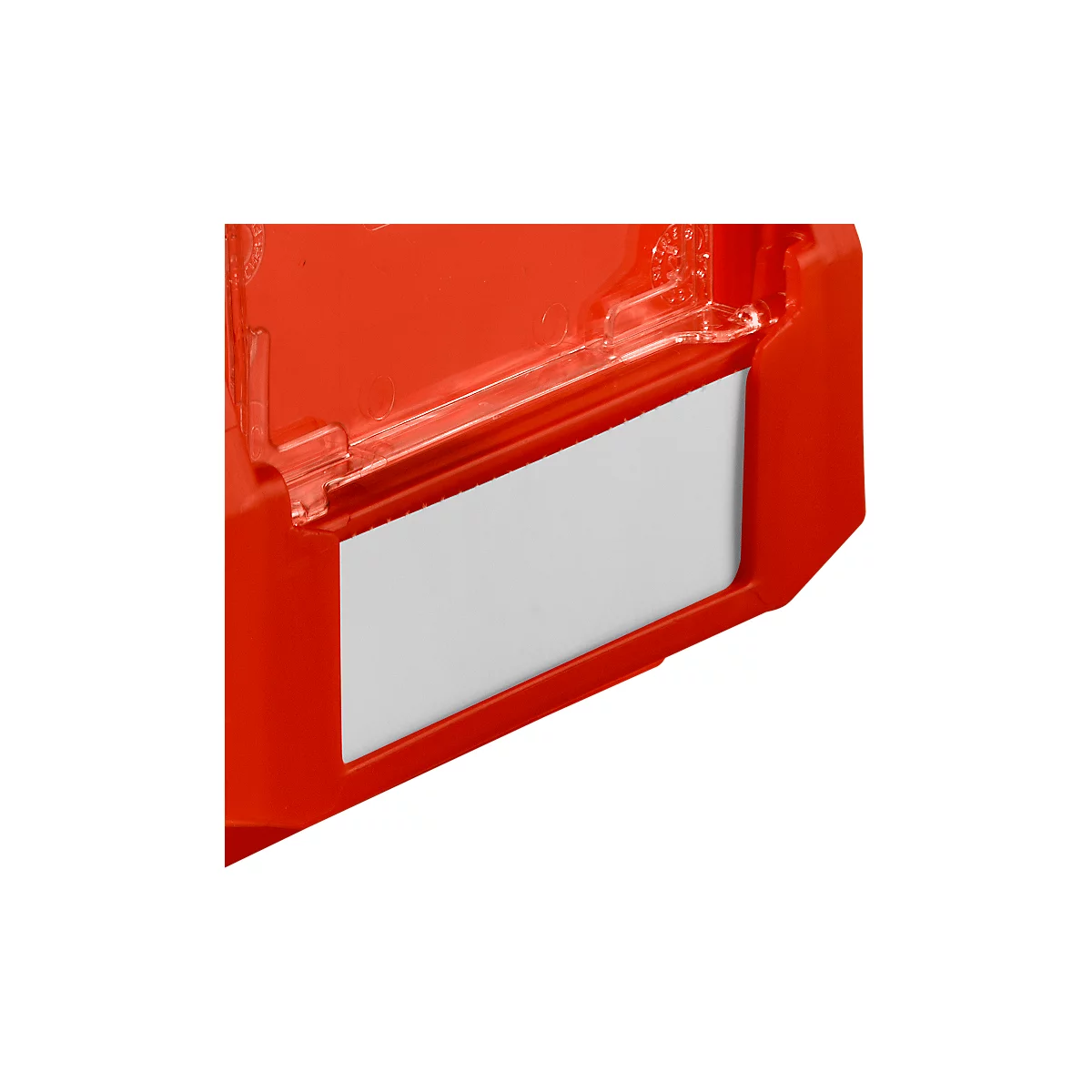 Close-up of a red plastic container with a white label.