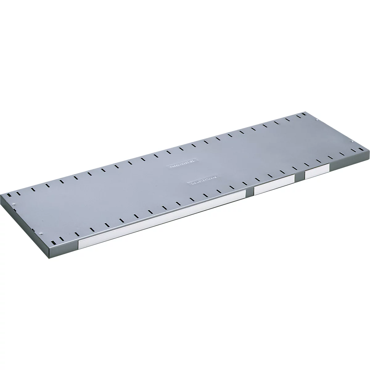 Grey, rectangular cable tray with holes and white stripes.