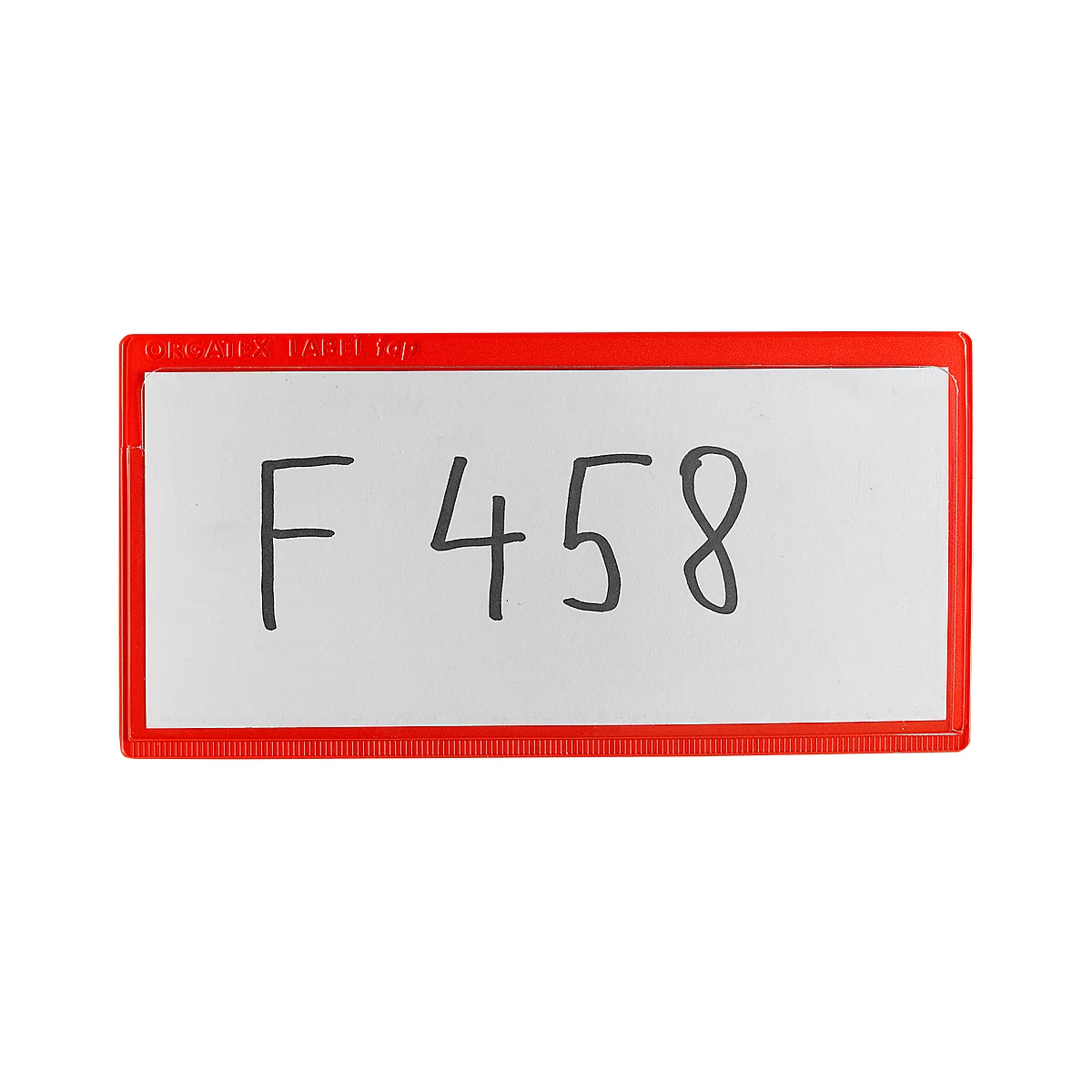 White sign with red frame. It says "F458" in black letters.