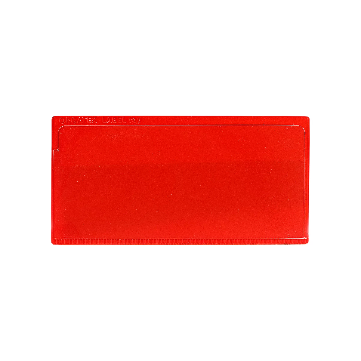 Rectangular red card, white text at the top reads 'ORGATEC LABEL W'.