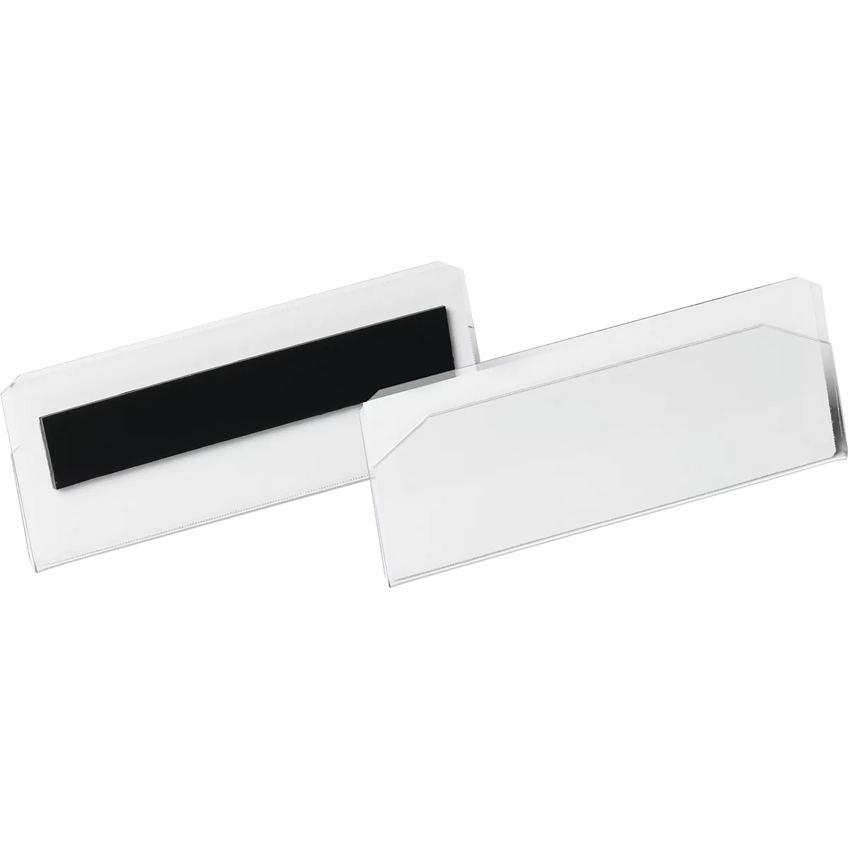 Two rectangular transparent name tags, one with a black magnetic strip.