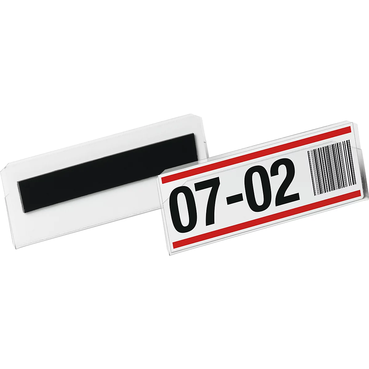 Two white, rectangular labels, one with a black magnetic stripe, the other with a red frame and the inscription 07-02 and a barcode.