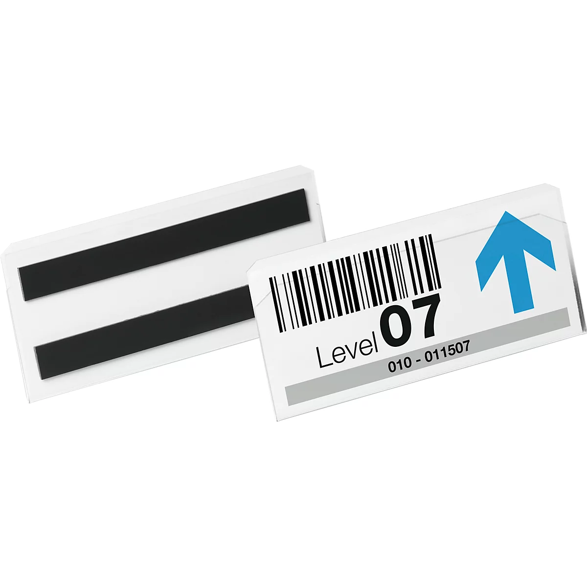 Two rectangular signs: one with barcode, arrow and 'Level 07', the other with black magnetic stripes.