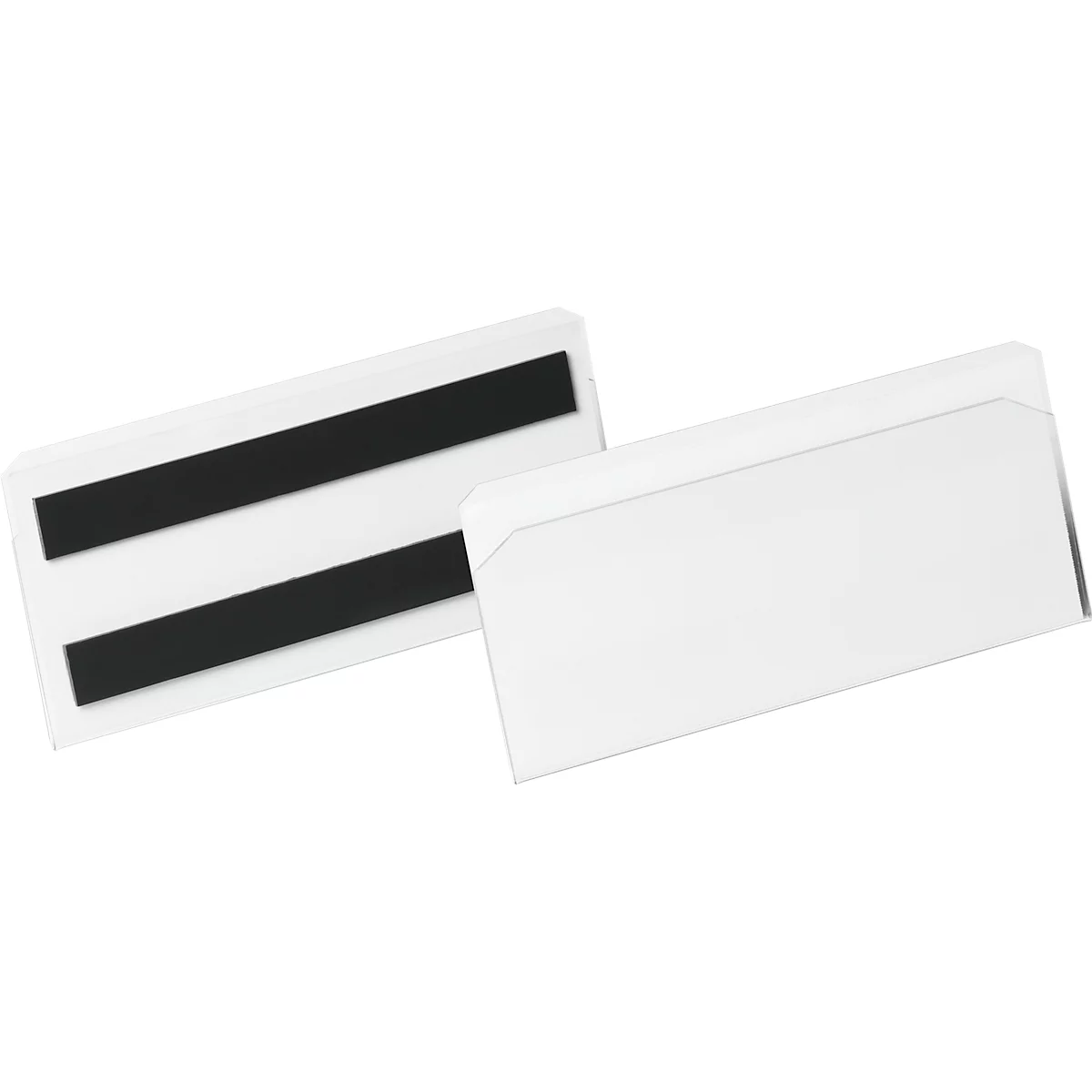 Two white, rectangular card holders, one with black magnetic stripes.