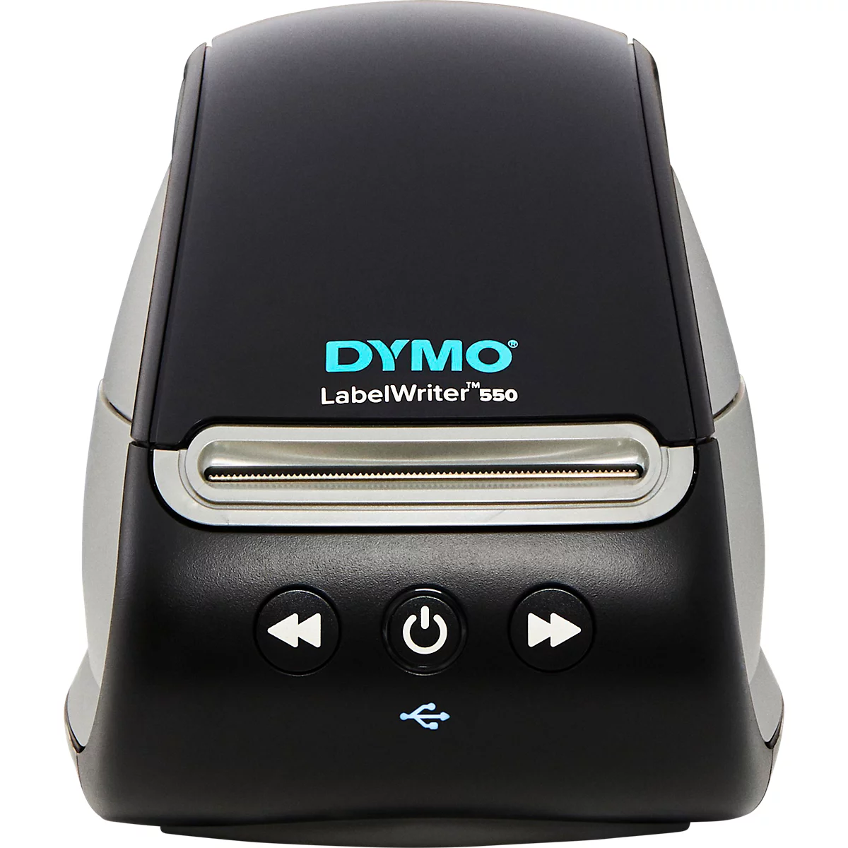 Dymo LabelWriter 550 label printer in black and grey, with logo and control buttons.