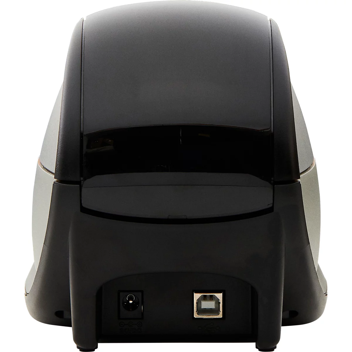 Black label printer with USB and power connectors. Housing glossy and curved.