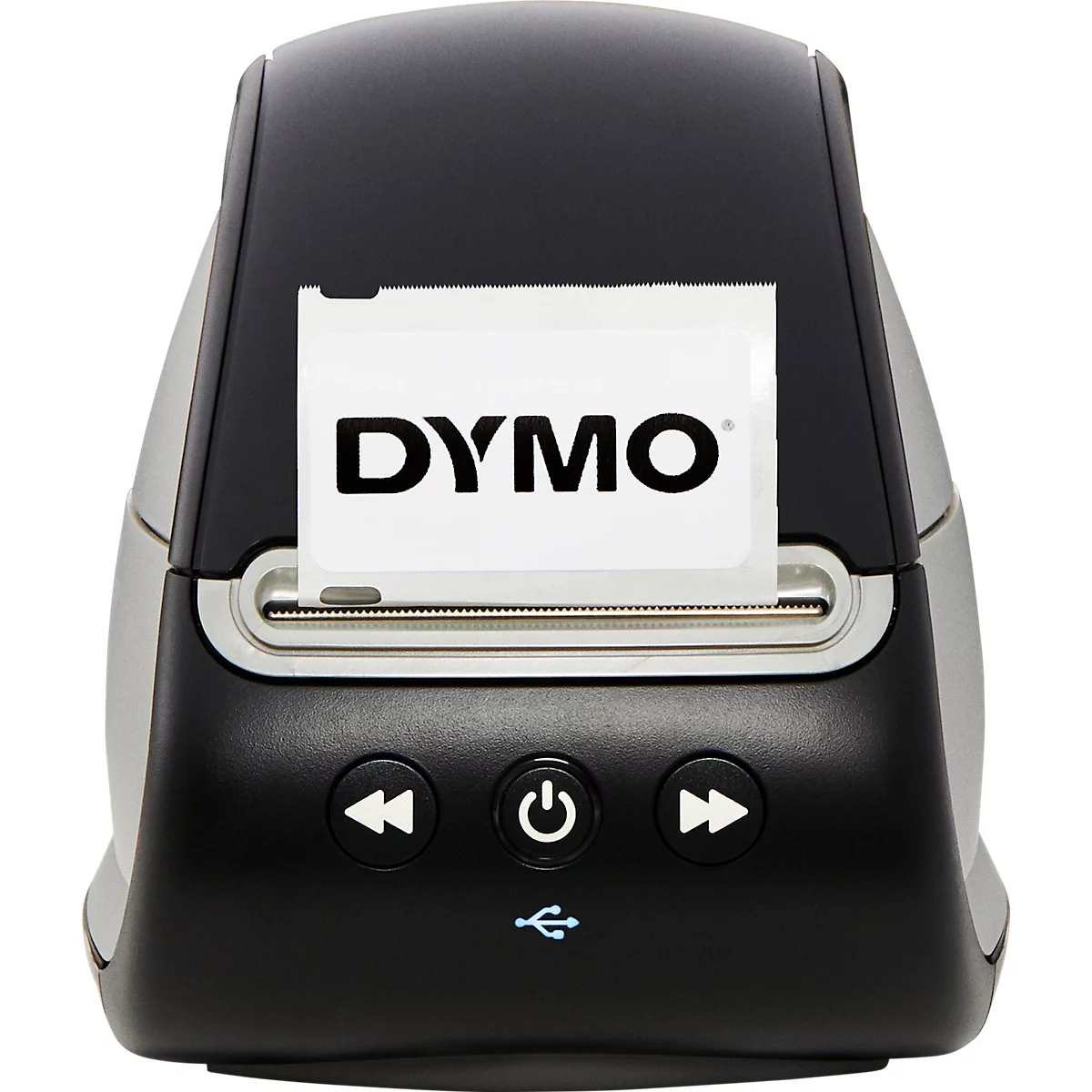 Label printer with "DYMO" logo. Black, silver casing. USB symbol. Forward and back buttons.