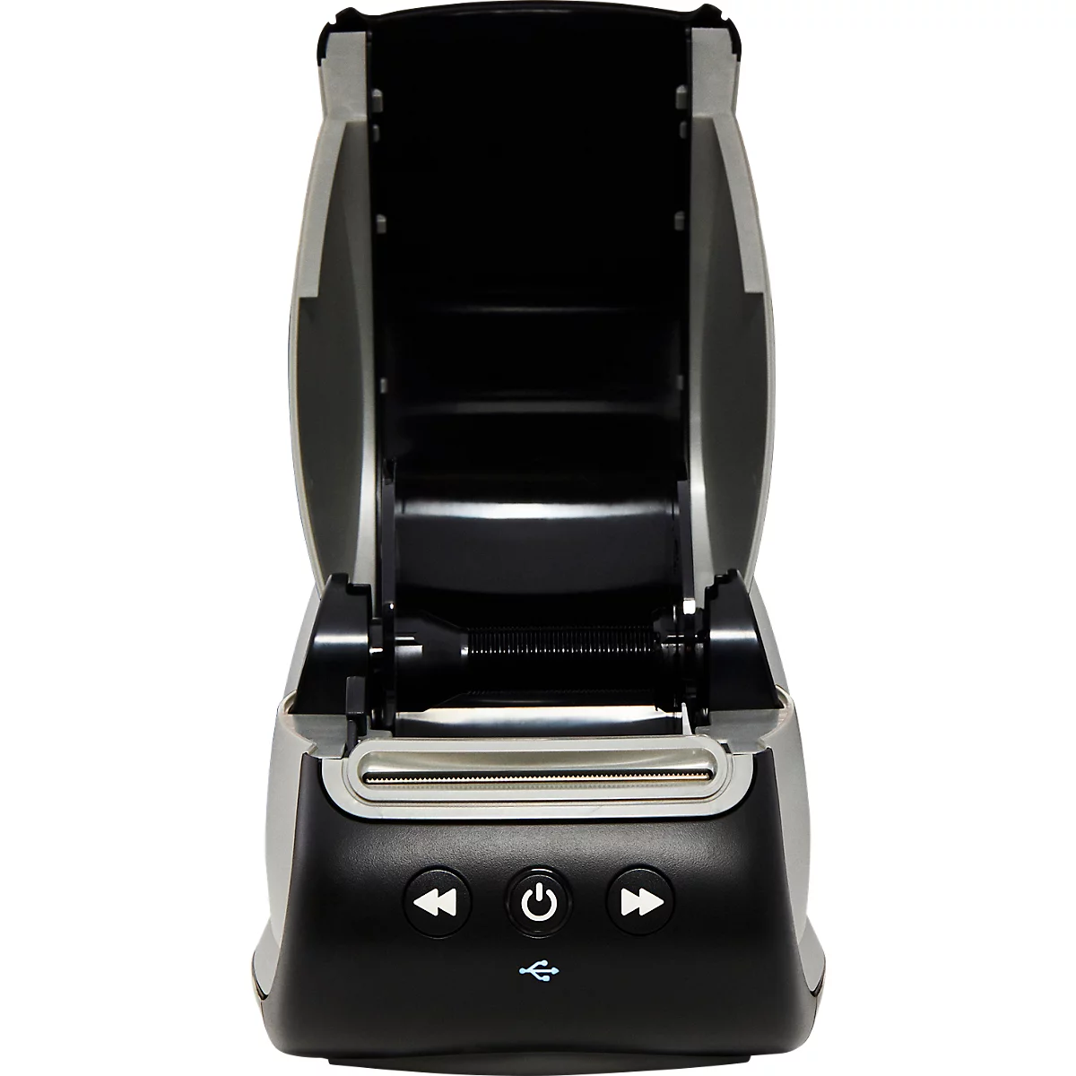 Front view of a label printer with the cover open. A black roller is under the cover and a set of buttons below.