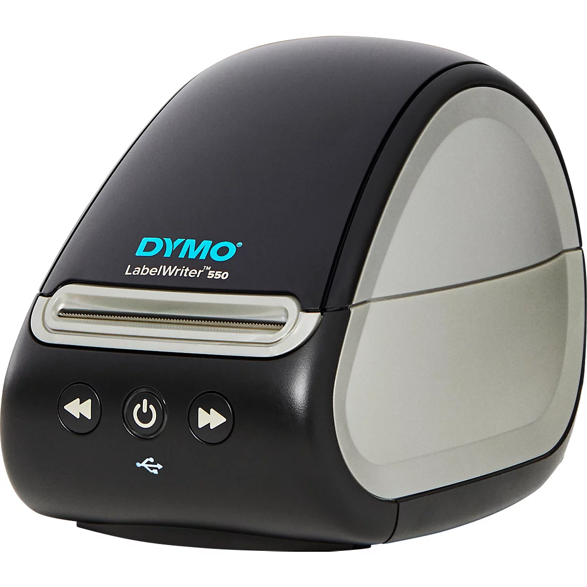 Black label printer with grey elements and the 'DYMO LabelWriter 550' logo.