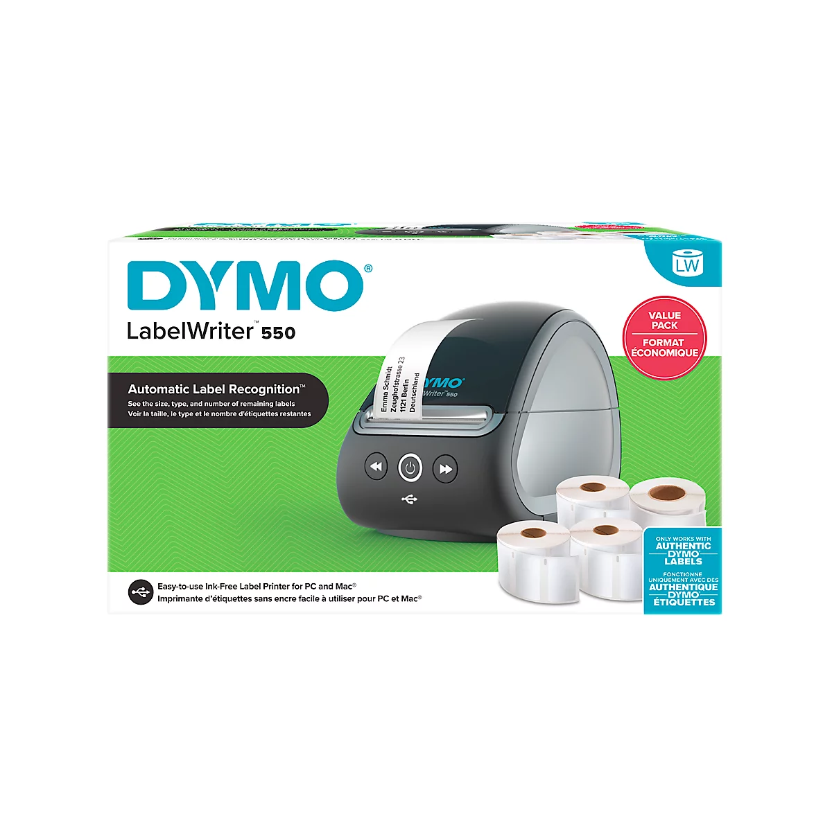 Labelmaker DYMO® LabelWriter™ 550, bis 61 mm Etikettenbreite, Thermodirektdruck, 300 x 300 dpi, 62 Etiketten/min, L 270 x B 140 x H 160 mm