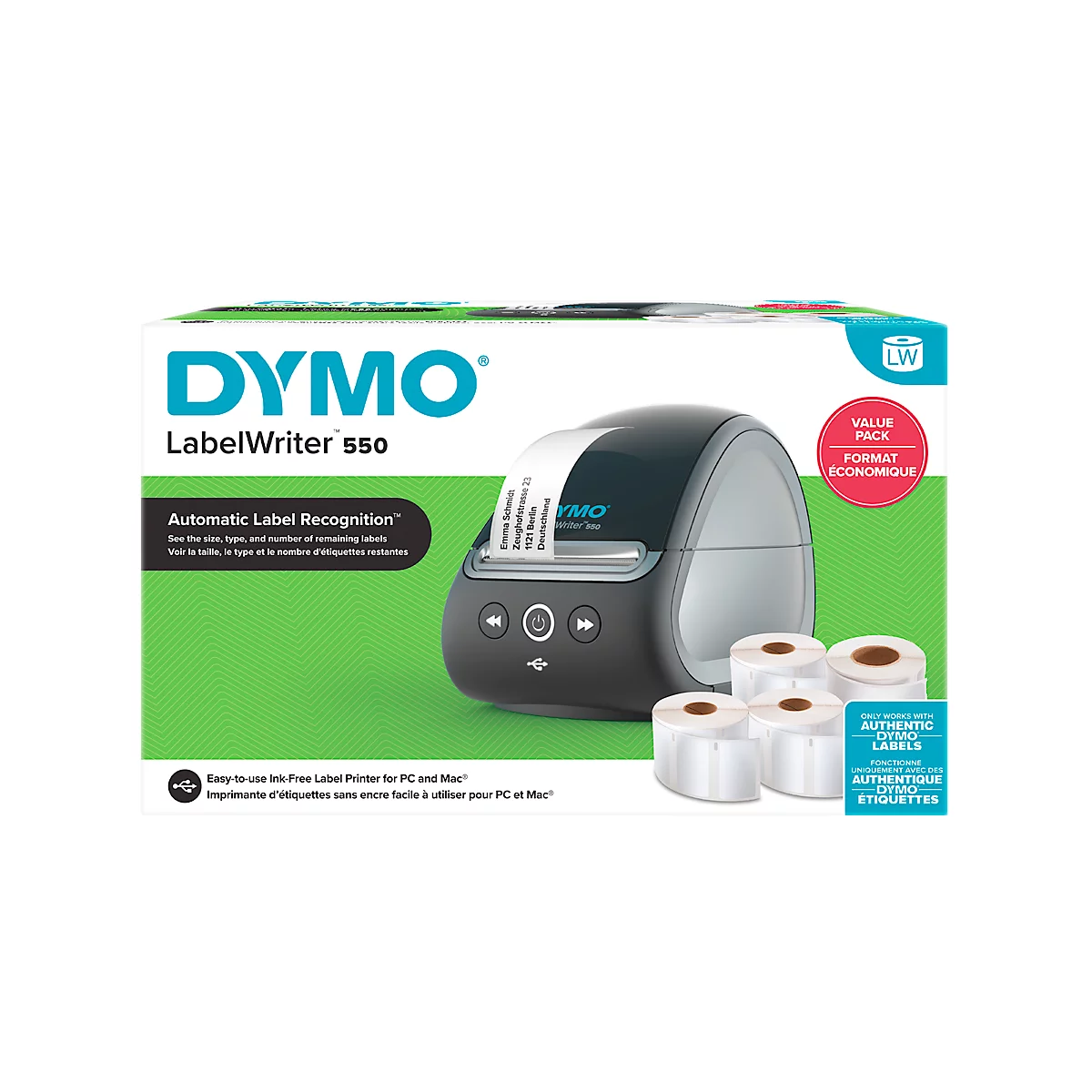 Labelmaker DYMO® LabelWriter™ 550, bis 61 mm Etikettenbreite, Thermodirektdruck, 300 x 300 dpi, 62 Etiketten/min, L 270 x B 140 x H 160 mm