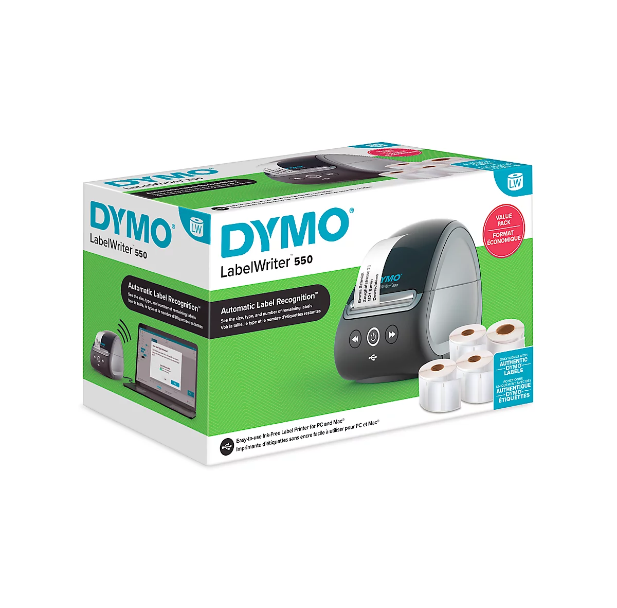 Labelmaker DYMO® LabelWriter™ 550, bis 61 mm Etikettenbreite, Thermodirektdruck, 300 x 300 dpi, 62 Etiketten/min, L 270 x B 140 x H 160 mm