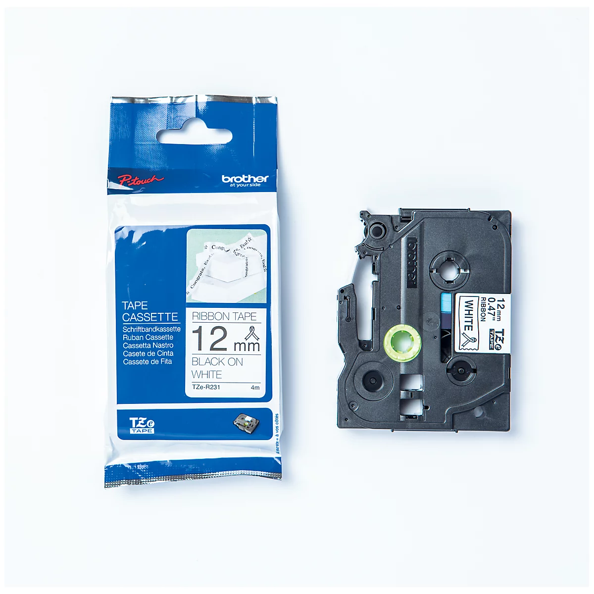 Labeltape TZe-R231 12 mm, wit/zwart