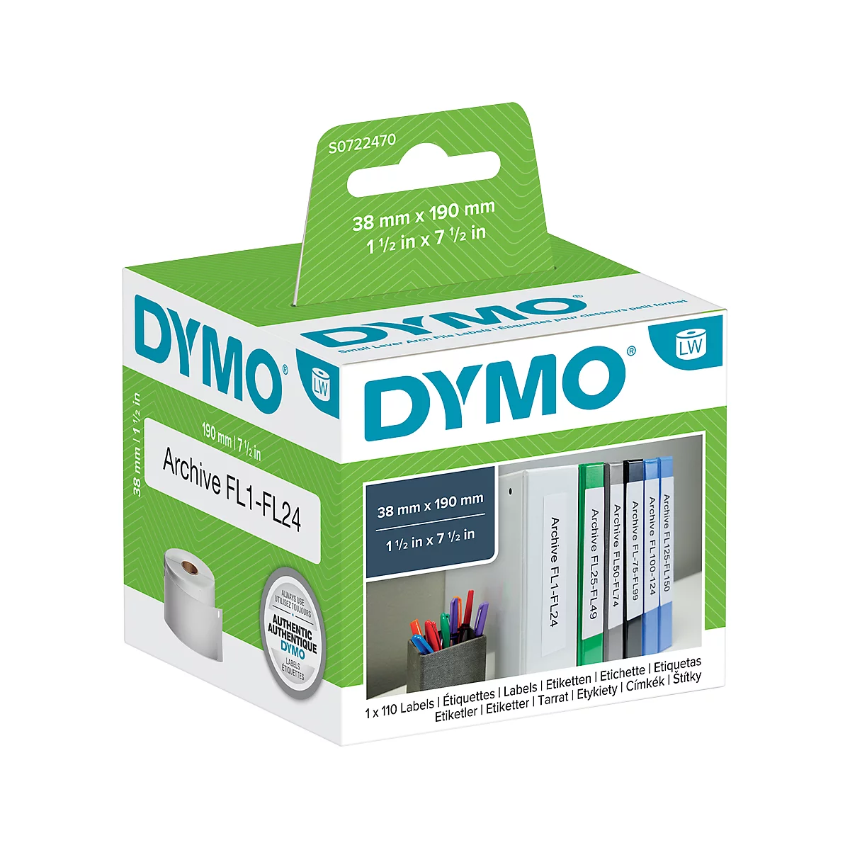 Dymo label box. Box showing labels in different colors, text: 'Archive FL1-FL24' and dimensions.