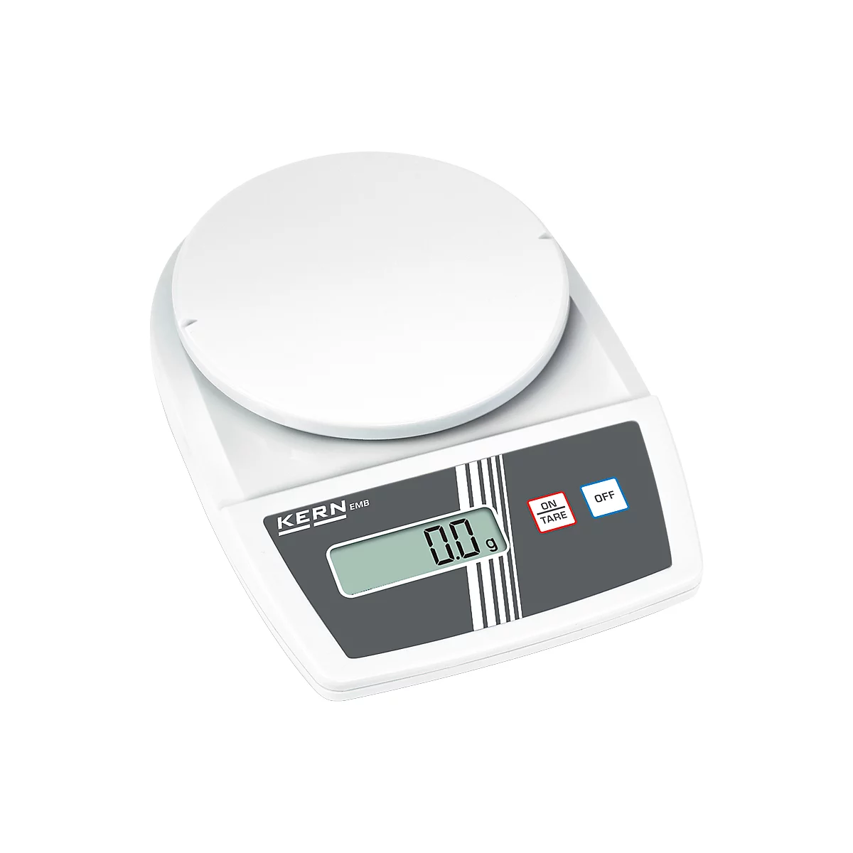 Digital scale with white housing, round weighing plate, grey display and buttons.
