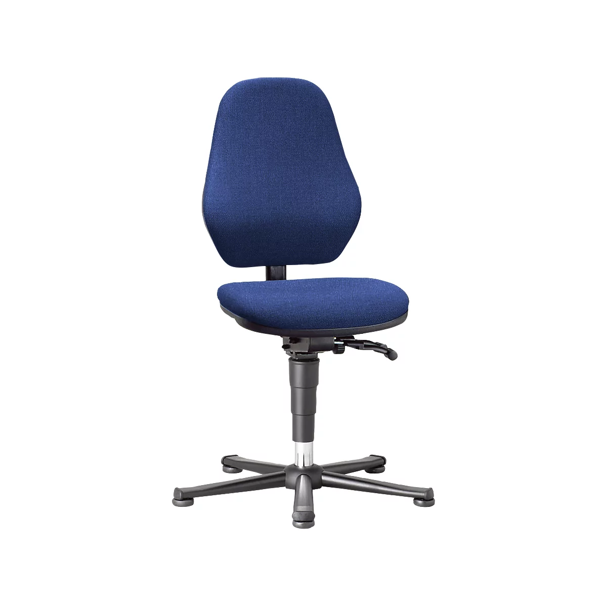 Blue office chair, ergonomically shaped. Seat, backrest and foot cross are visible.